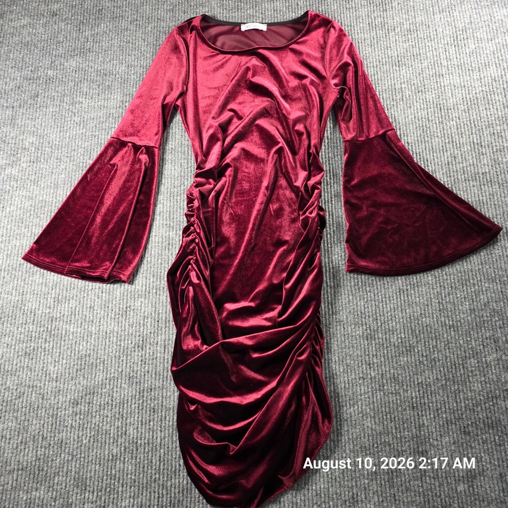 My Bump Womens Burgundy Velvet Bell Sleeve Ruched Maternity Bodycon Dress Medium